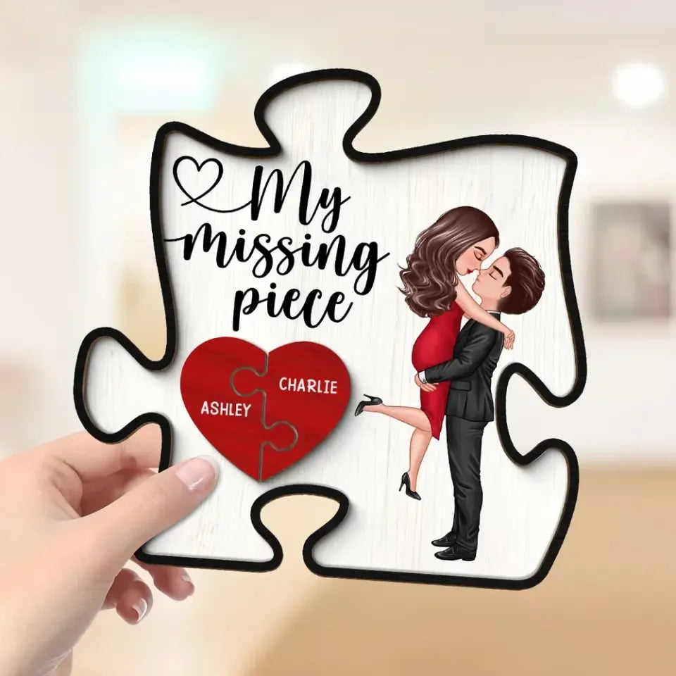 My Missing Piece Couple Hugging Kissing Valentine‘s Day Gift Puzzle Shaped Personalized 2-Layer Wooden Plaque