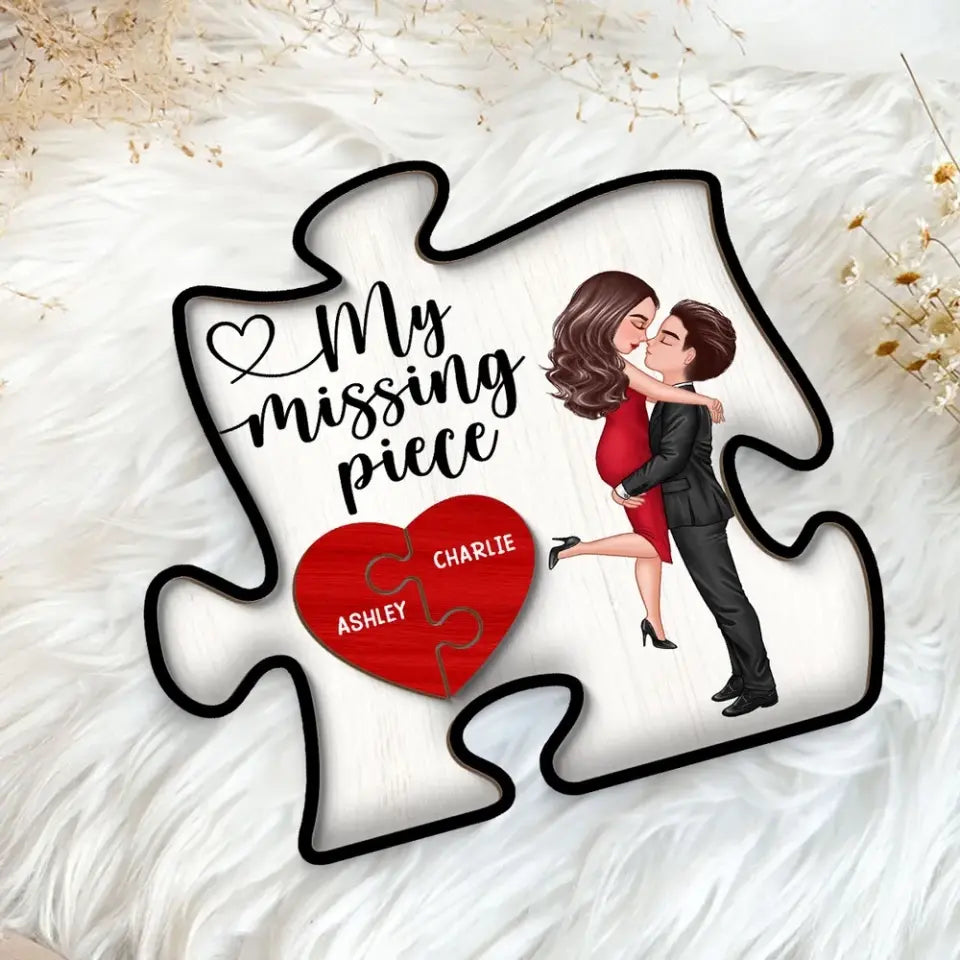 My Missing Piece Couple Hugging Kissing Valentine‘s Day Gift Puzzle Shaped Personalized 2-Layer Wooden Plaque