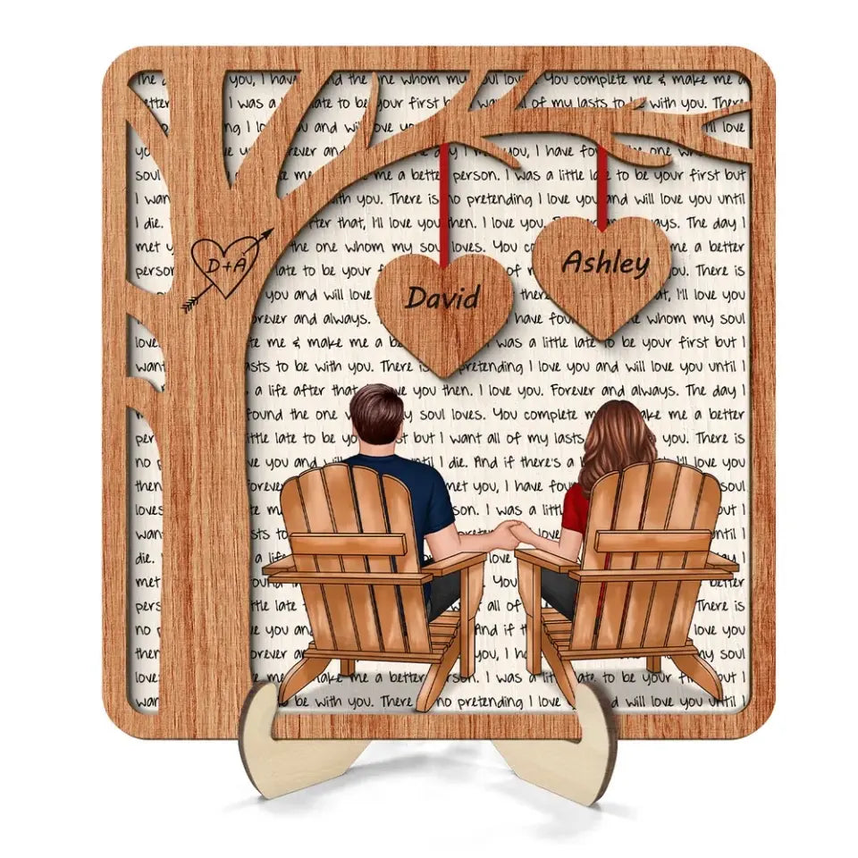 Couple Back View Sitting Under Tree Letters Background Personalized 2-Layer Wooden Plaque