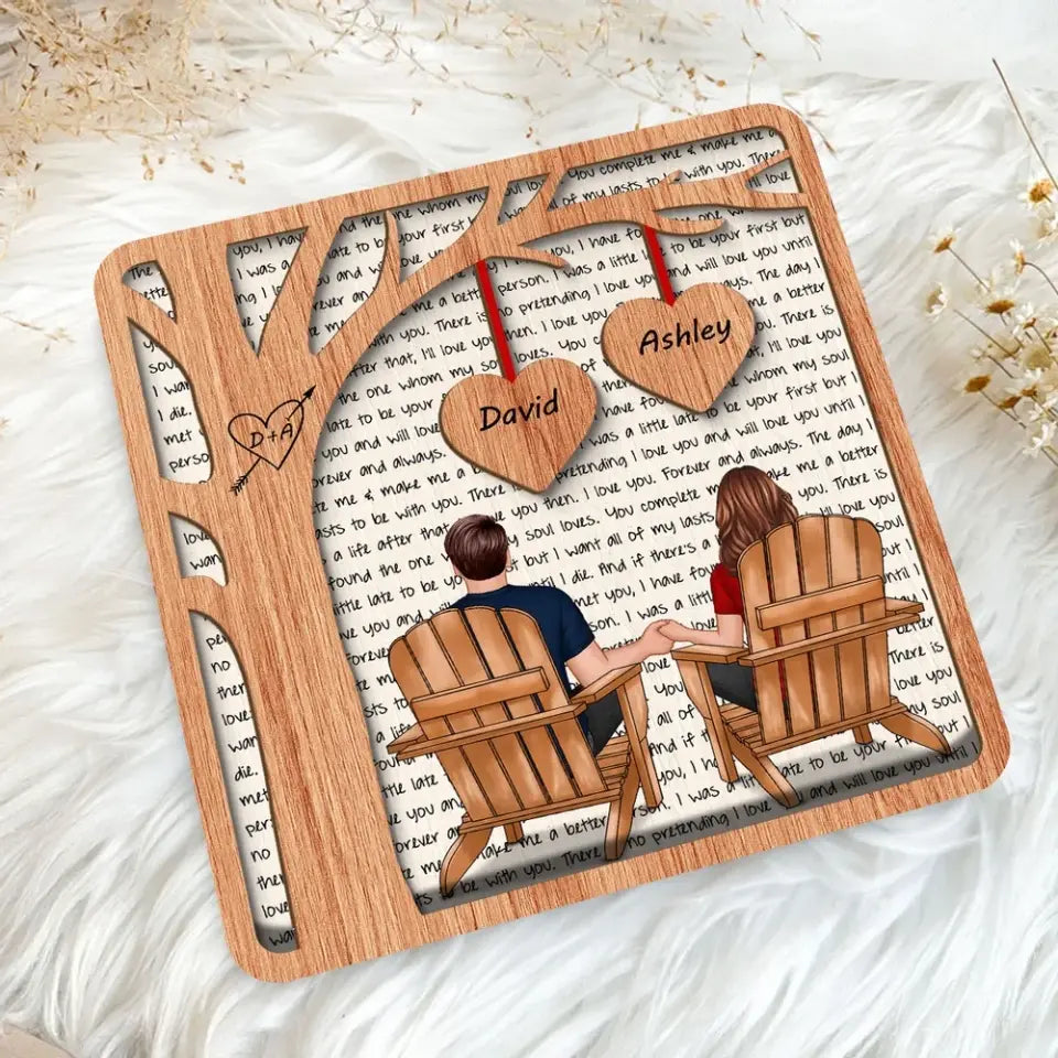 Couple Back View Sitting Under Tree Letters Background Personalized 2-Layer Wooden Plaque