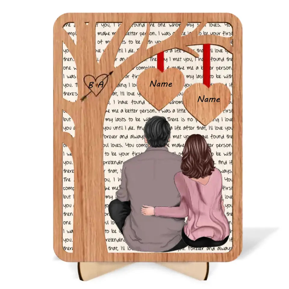 Back View Couple Sitting Under Tree Letters Background Personalized 2-Layer Wooden Plaque