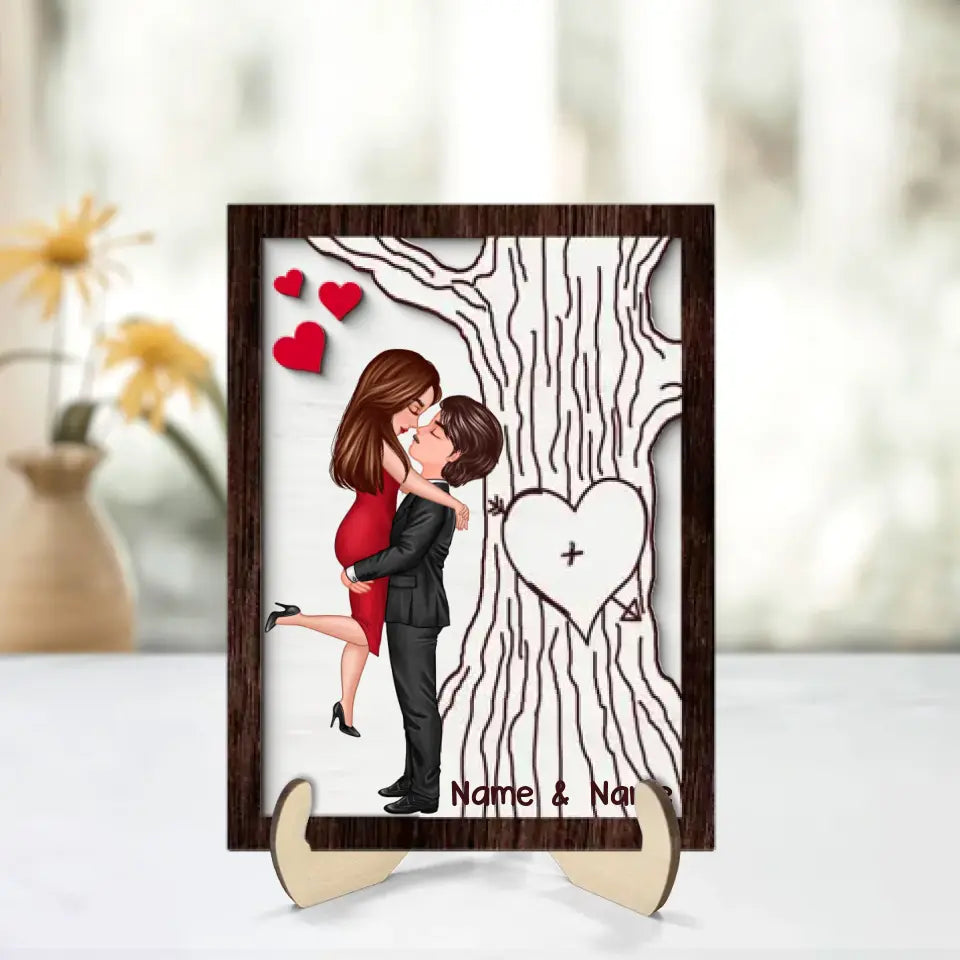 Heart Carved Tree Couple Initials Valentine‘s Day Gift For Her Gift For Him Personalized 2-Layer Wooden Plaque