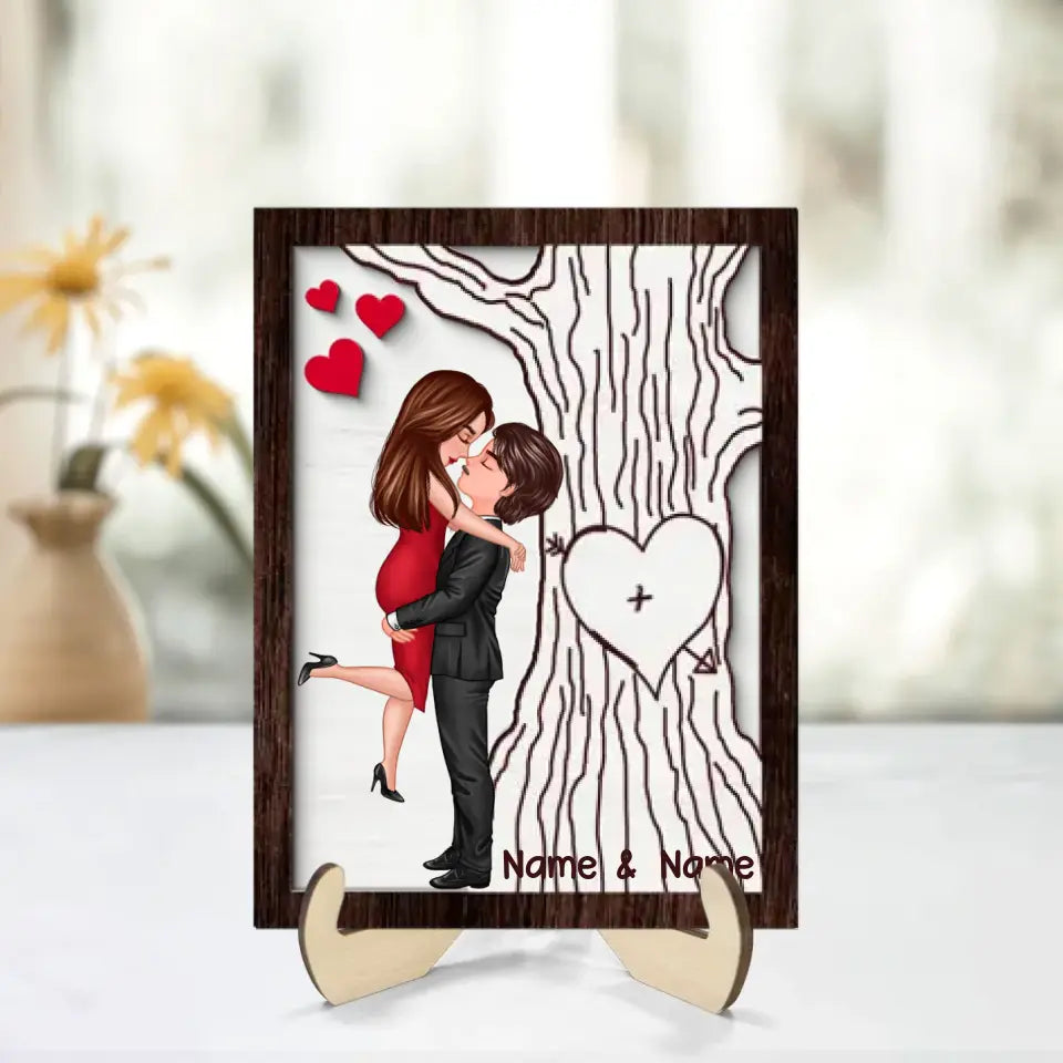 Heart Carved Tree Couple Initials Valentine‘s Day Gift For Her Gift For Him Personalized 2-Layer Wooden Plaque