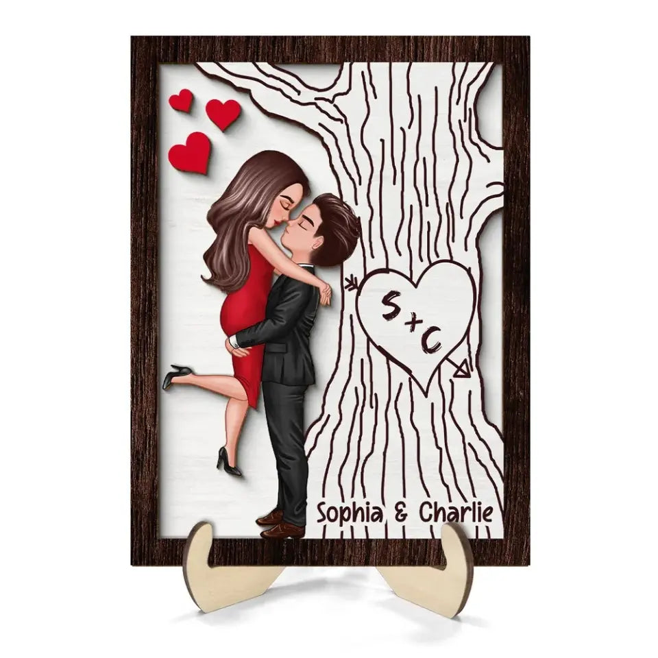 Heart Carved Tree Couple Initials Valentine‘s Day Gift For Her Gift For Him Personalized 2-Layer Wooden Plaque