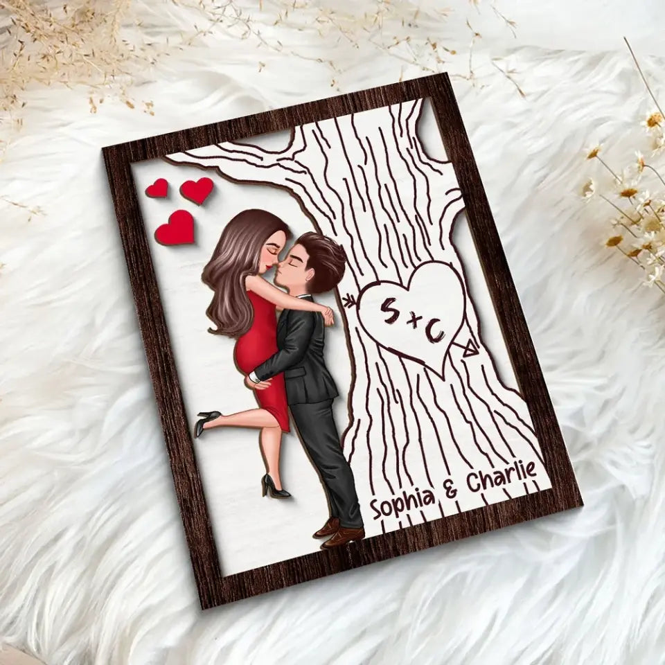 Heart Carved Tree Couple Initials Valentine‘s Day Gift For Her Gift For Him Personalized 2-Layer Wooden Plaque