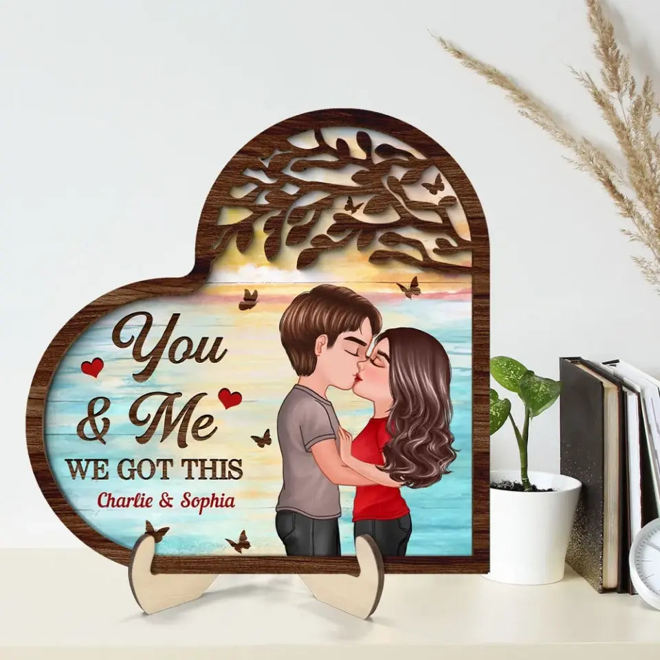 Couple Kissing Under Tree Heart Shaped Personalized 2-Layer Wooden Plaque