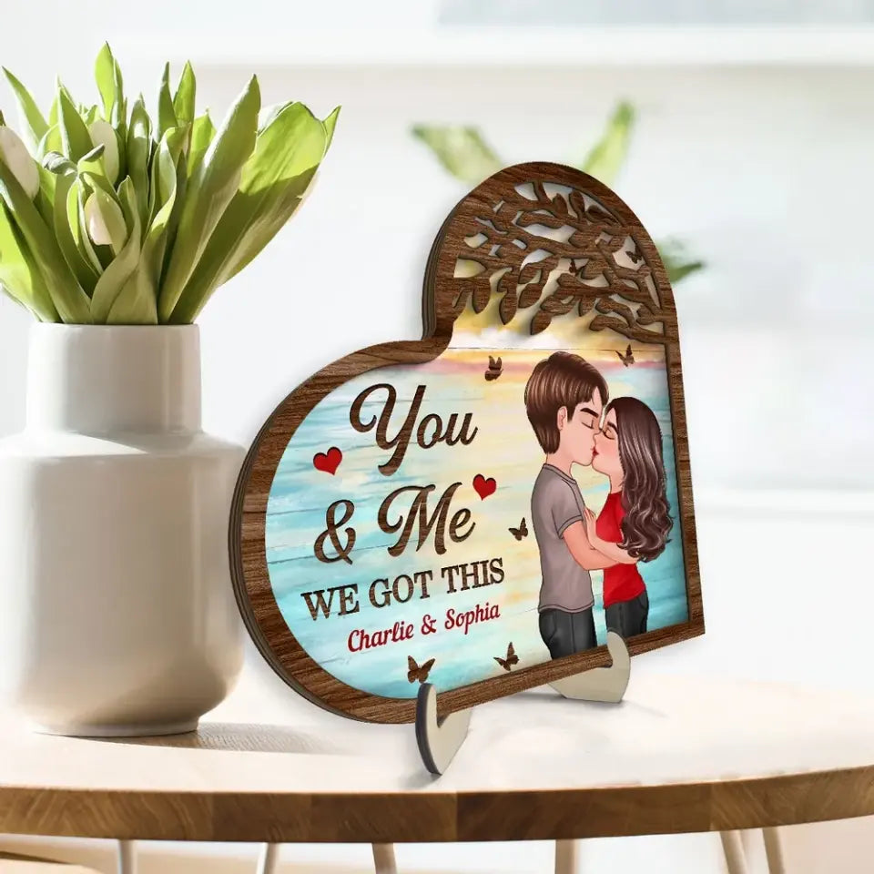 Couple Kissing Under Tree Heart Shaped Personalized 2-Layer Wooden Plaque