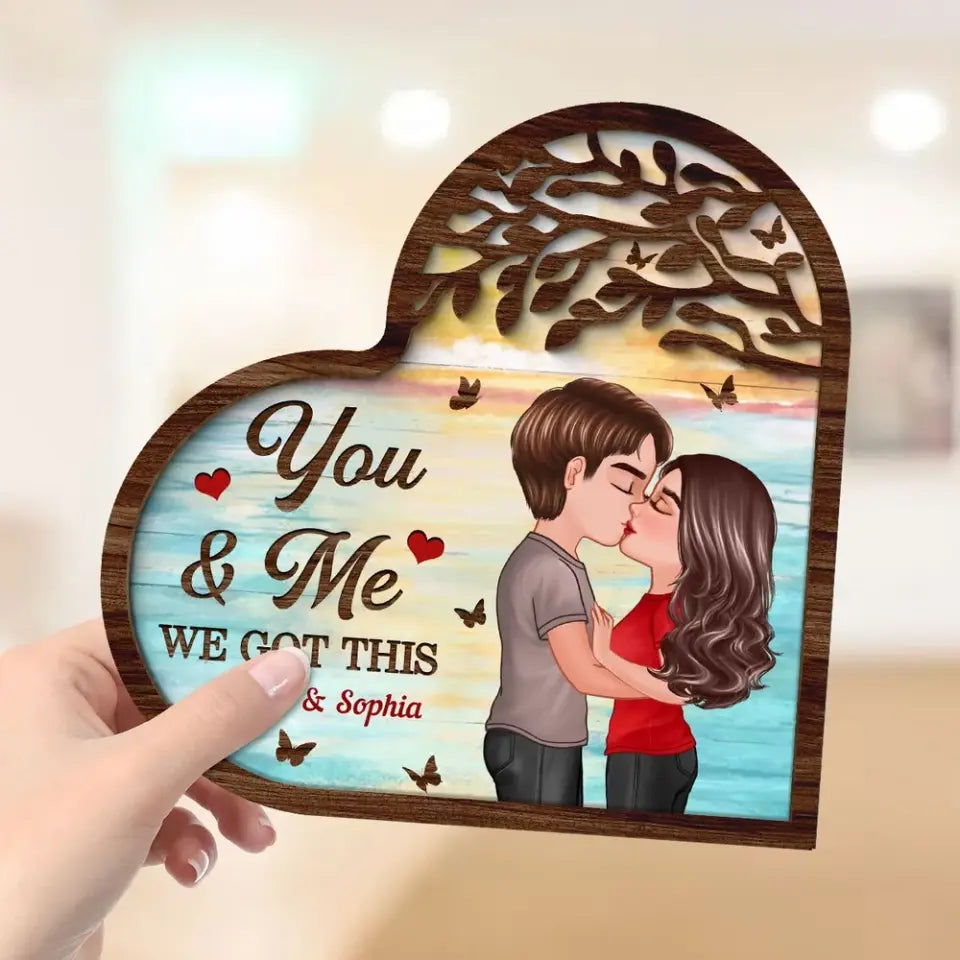 Couple Kissing Under Tree Heart Shaped Personalized 2-Layer Wooden Plaque