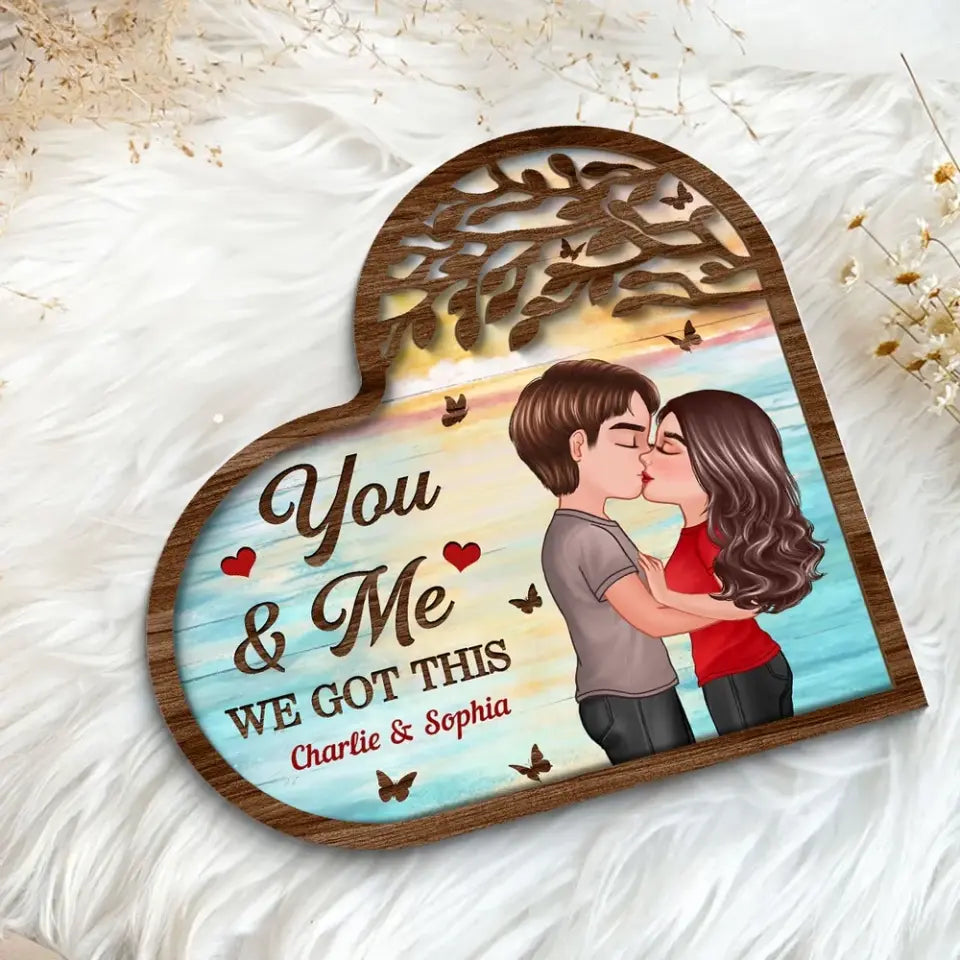 Couple Kissing Under Tree Heart Shaped Personalized 2-Layer Wooden Plaque