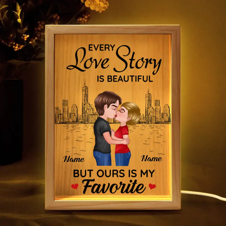 Doll Couple Kissing Skyline Gift For Him For Her Personalized Wooden Frame Light Box