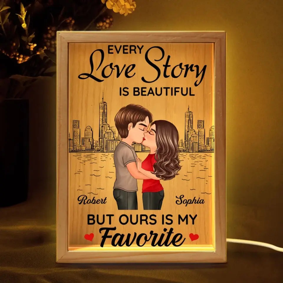 Doll Couple Kissing Skyline Gift For Him For Her Personalized Wooden Frame Light Box