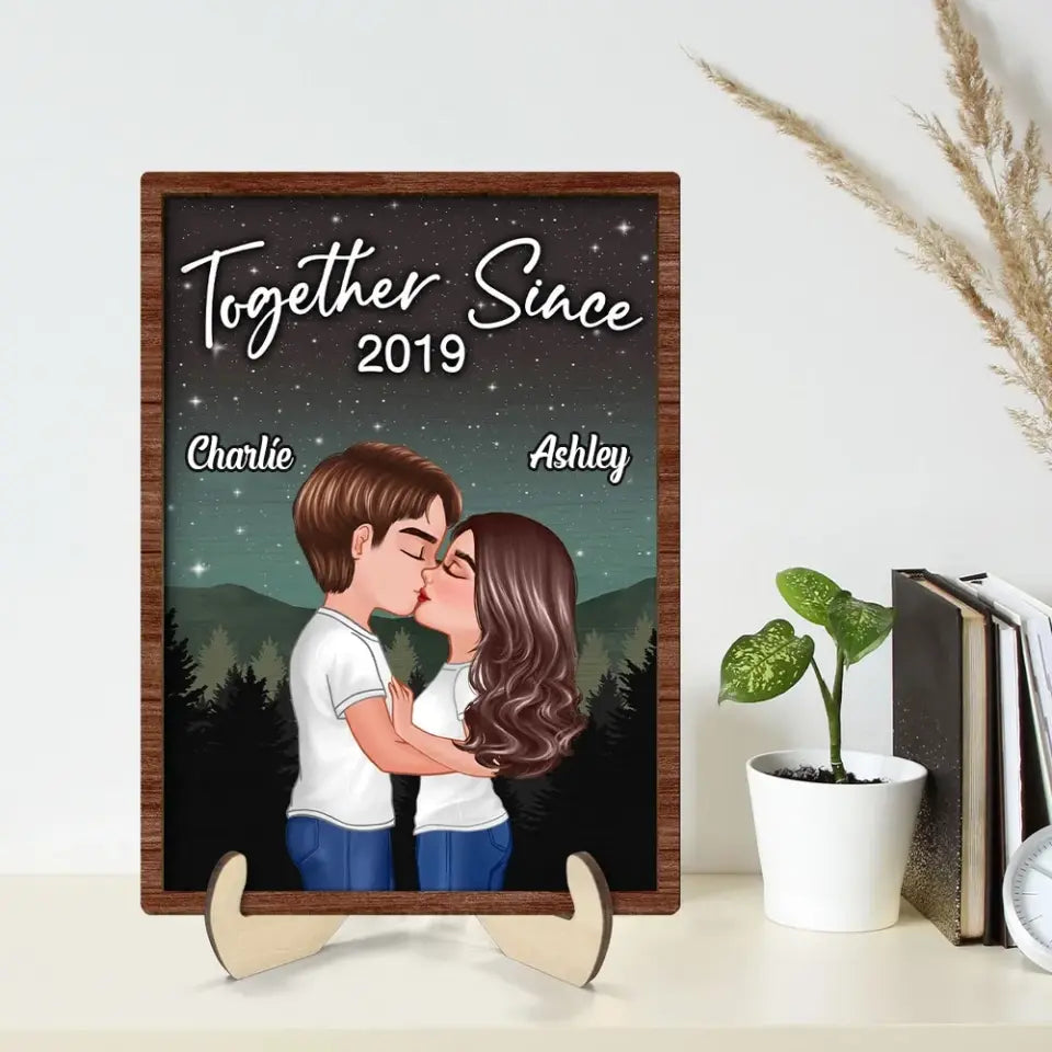 Couple Kissing Under Sky Night Personalized 2-layer Wooden plaque