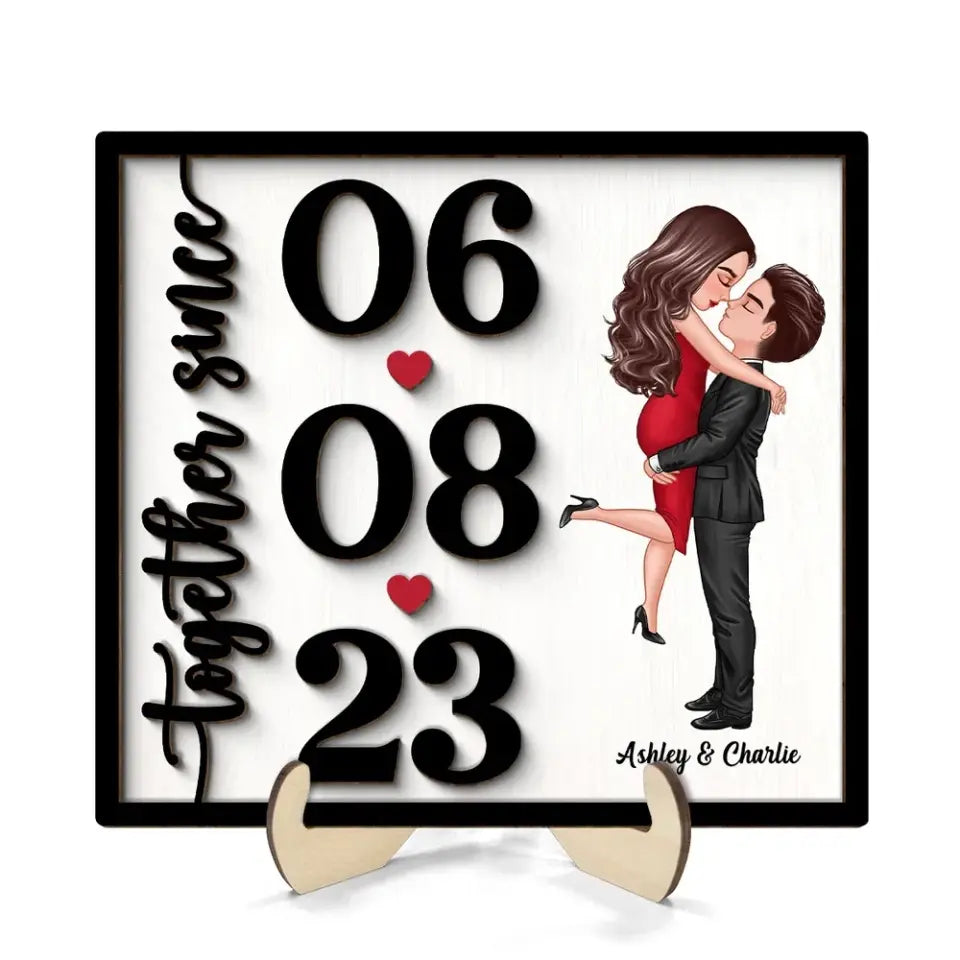 Doll Couple Hugging Kissing Anniversary Date Gift For Him Gift For Her Personalized 2-Layer Wooden Plaque