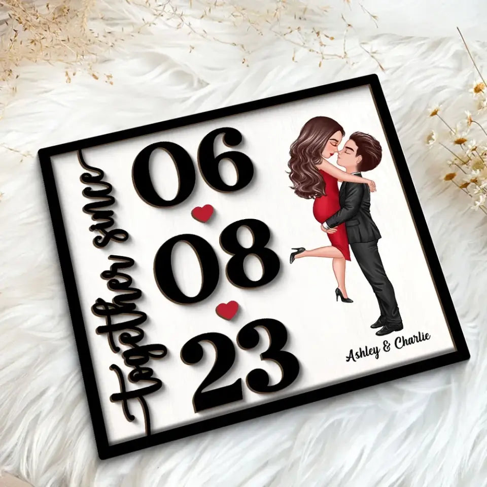 Doll Couple Hugging Kissing Anniversary Date Gift For Him Gift For Her Personalized 2-Layer Wooden Plaque