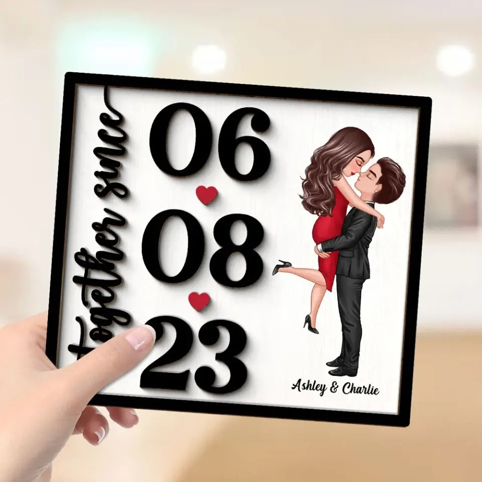 Doll Couple Hugging Kissing Anniversary Date Gift For Him Gift For Her Personalized 2-Layer Wooden Plaque