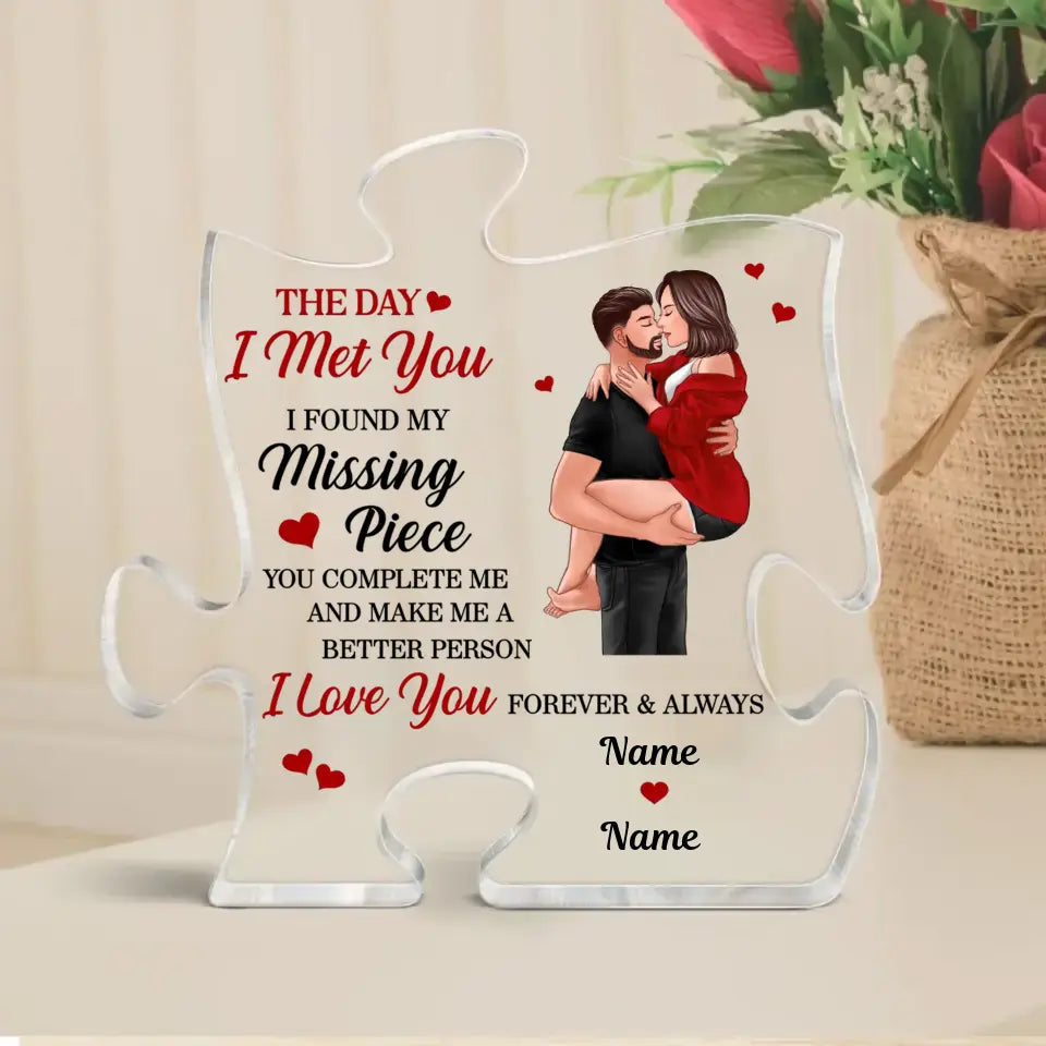 Found My Missing Piece Man Holding Woman Kissing Personalized Puzzle Acrylic Plaque