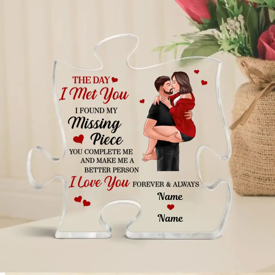 Found My Missing Piece Man Holding Woman Kissing Personalized Puzzle Acrylic Plaque