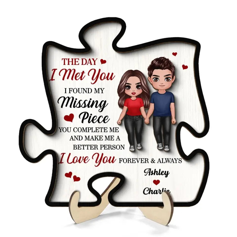 Doll Couple Found My Missing Piece Valentine‘s Day Anniversary Gift For Him For Her Personalized 2-Layer Wooden Plaque