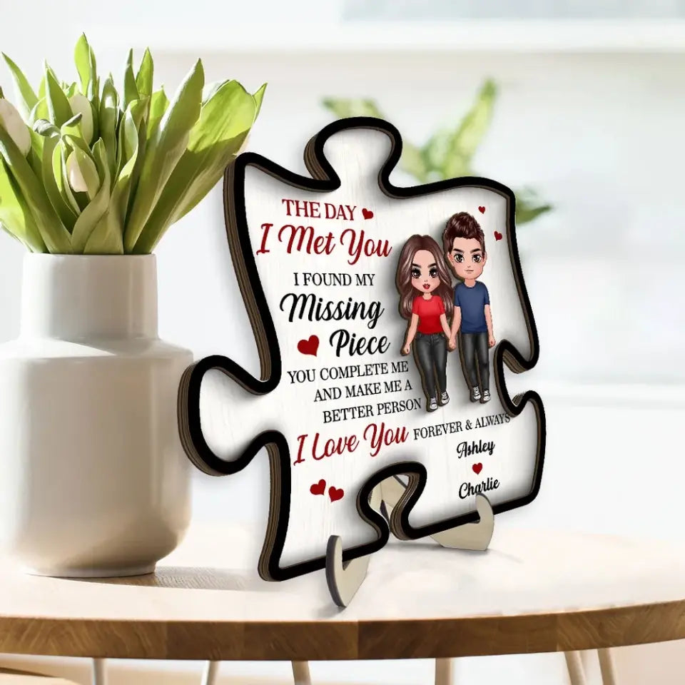 Doll Couple Found My Missing Piece Valentine‘s Day Anniversary Gift For Him For Her Personalized 2-Layer Wooden Plaque