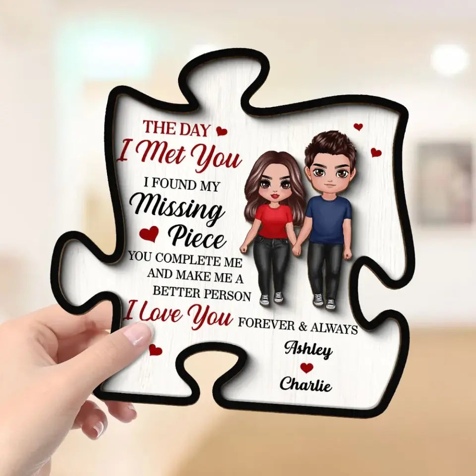 Doll Couple Found My Missing Piece Valentine‘s Day Anniversary Gift For Him For Her Personalized 2-Layer Wooden Plaque