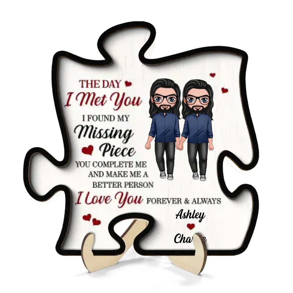 Doll Couple Found My Missing Piece Valentine‘s Day Anniversary Gift For Him For Her Personalized 2-Layer Wooden Plaque