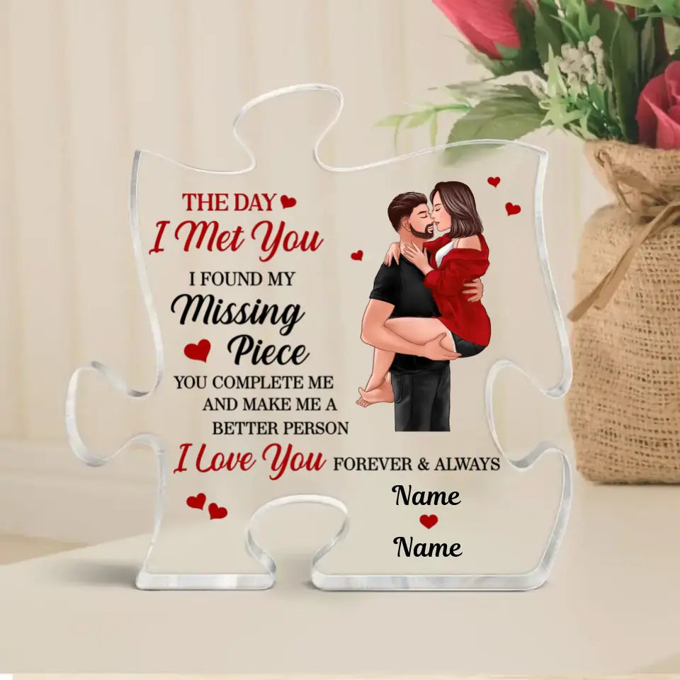 Found My Missing Piece Man Holding Woman Kissing Personalized Puzzle Acrylic Plaque