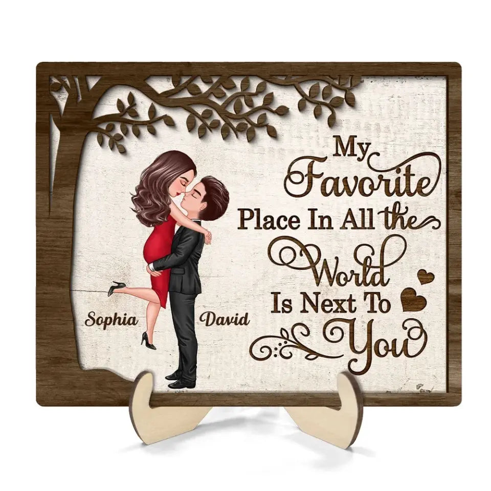 My Favorite Place In All The World Hugging Couple Personalized 2-Layer Wooden Plaque