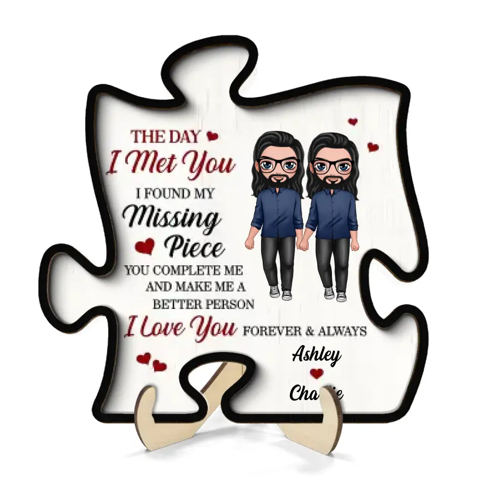 Doll Couple Found My Missing Piece Valentine‘s Day Anniversary Gift For Him For Her Personalized 2-Layer Wooden Plaque