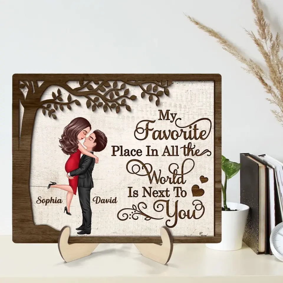 My Favorite Place In All The World Hugging Couple Personalized 2-Layer Wooden Plaque