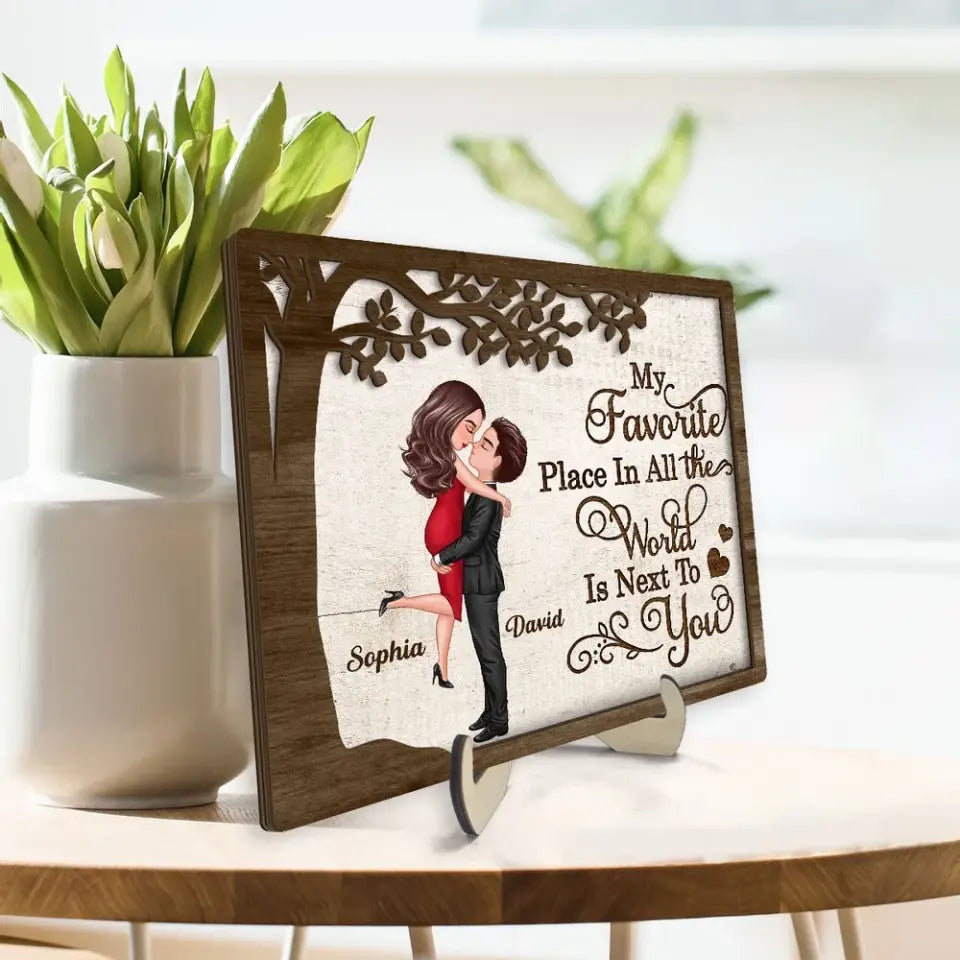 My Favorite Place In All The World Hugging Couple Personalized 2-Layer Wooden Plaque