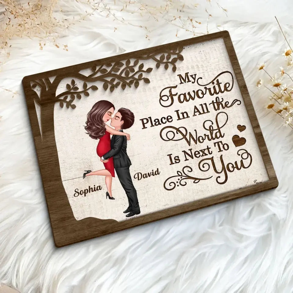 My Favorite Place In All The World Hugging Couple Personalized 2-Layer Wooden Plaque