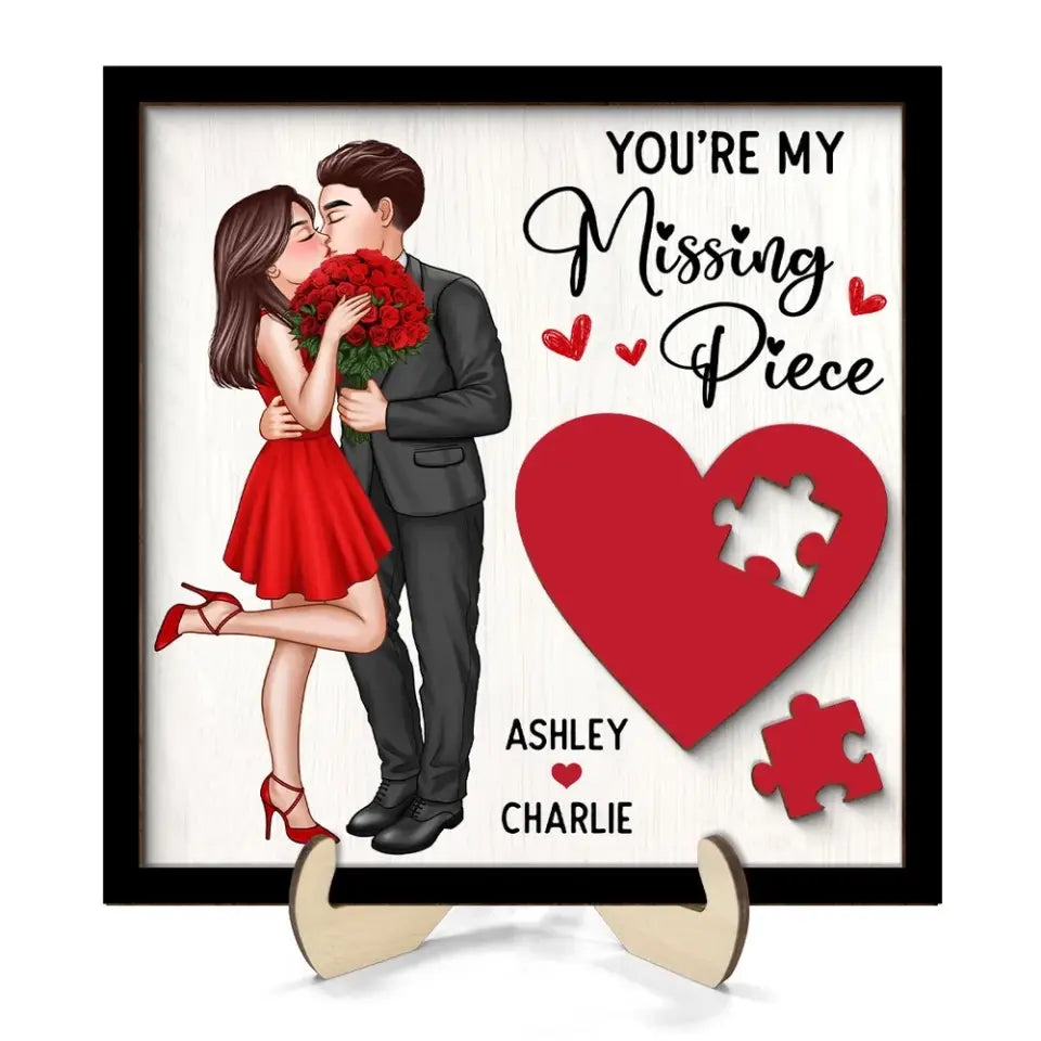 Elegant Couple Kissing Missing Piece Red Heart Valentine‘s Day Gift For Her Gift For Him Personalized 2-Layer Wooden Plaque