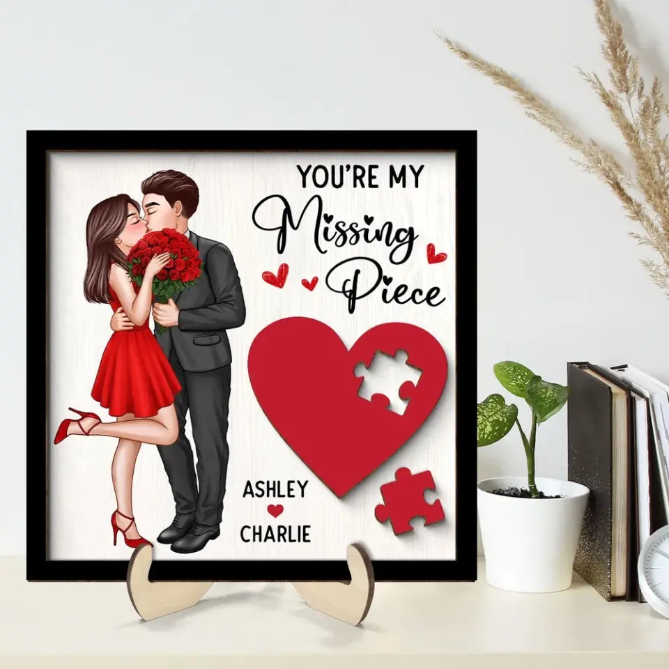 Elegant Couple Kissing Missing Piece Red Heart Valentine‘s Day Gift For Her Gift For Him Personalized 2-Layer Wooden Plaque