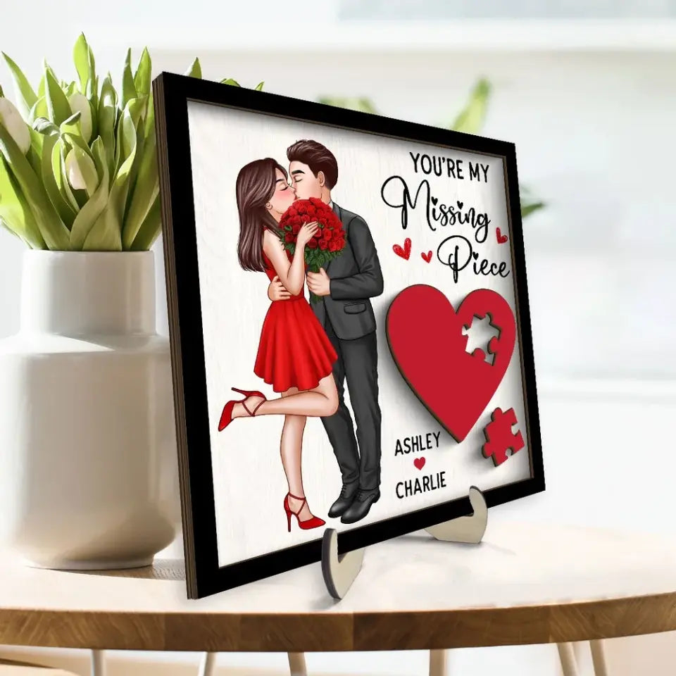 Elegant Couple Kissing Missing Piece Red Heart Valentine‘s Day Gift For Her Gift For Him Personalized 2-Layer Wooden Plaque