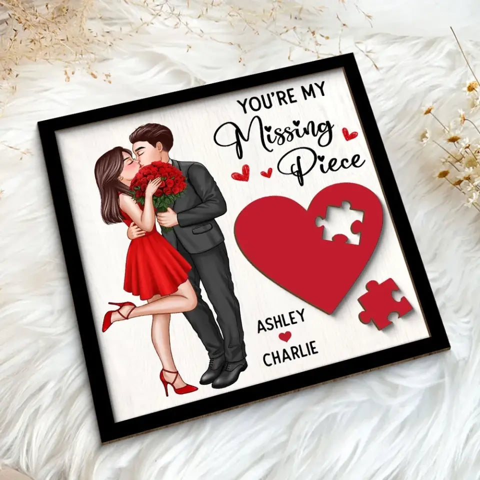 Elegant Couple Kissing Missing Piece Red Heart Valentine‘s Day Gift For Her Gift For Him Personalized 2-Layer Wooden Plaque