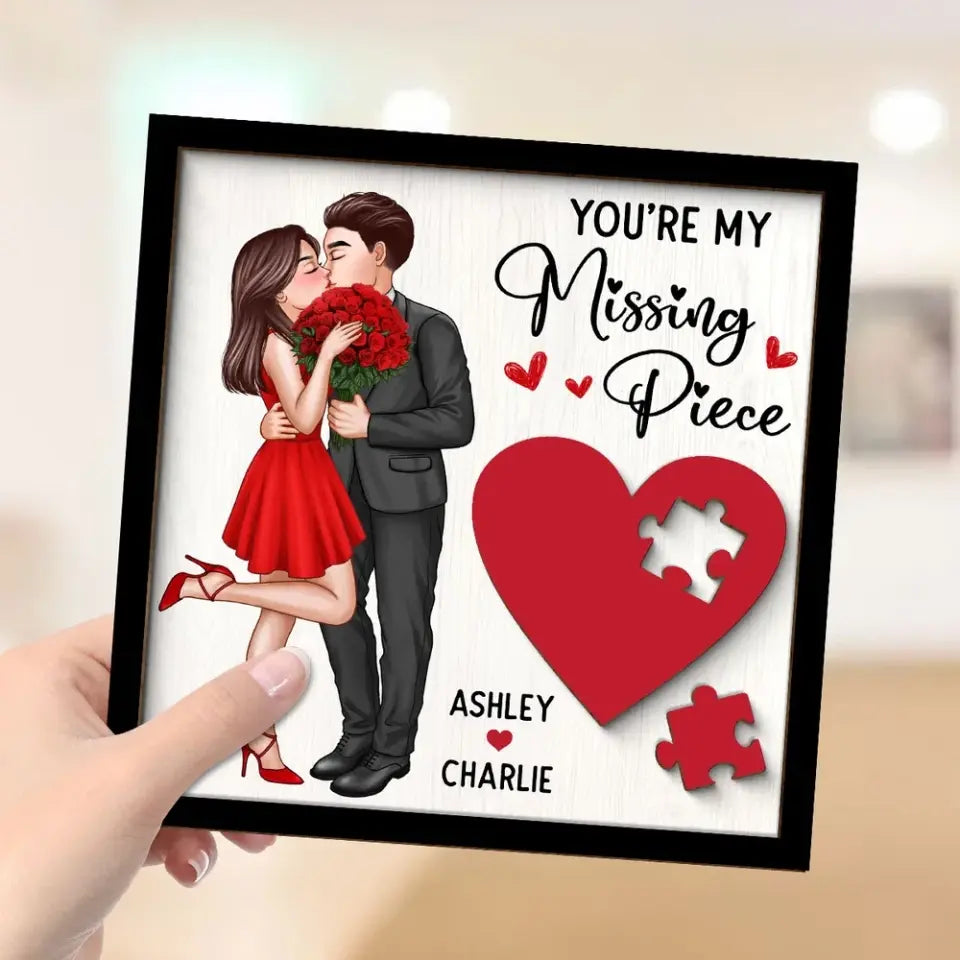 Elegant Couple Kissing Missing Piece Red Heart Valentine‘s Day Gift For Her Gift For Him Personalized 2-Layer Wooden Plaque