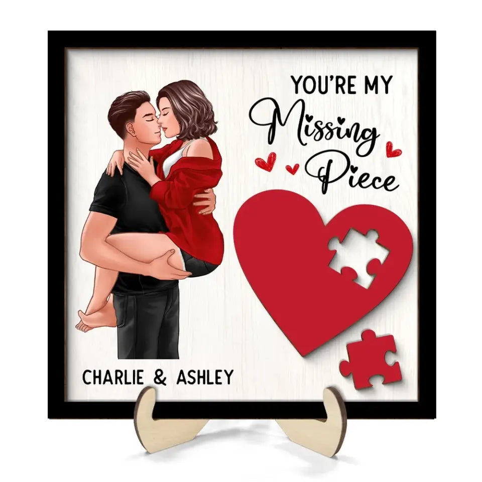 Couple Kissing Passionate Missing Piece Red Heart Valentine‘s Day Gift For Her Gift For Him Personalized 2-Layer Wooden Plaque