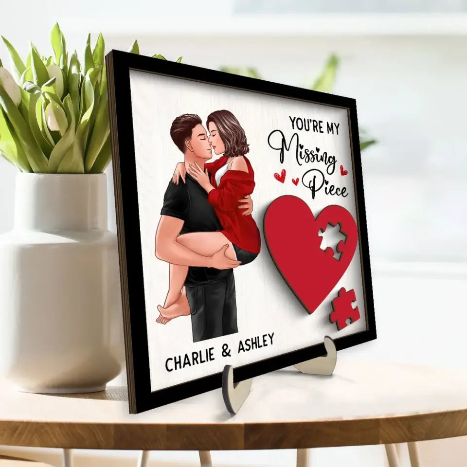 Couple Kissing Passionate Missing Piece Red Heart Valentine‘s Day Gift For Her Gift For Him Personalized 2-Layer Wooden Plaque