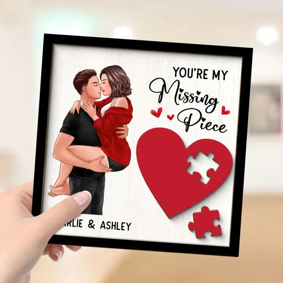 Couple Kissing Passionate Missing Piece Red Heart Valentine‘s Day Gift For Her Gift For Him Personalized 2-Layer Wooden Plaque