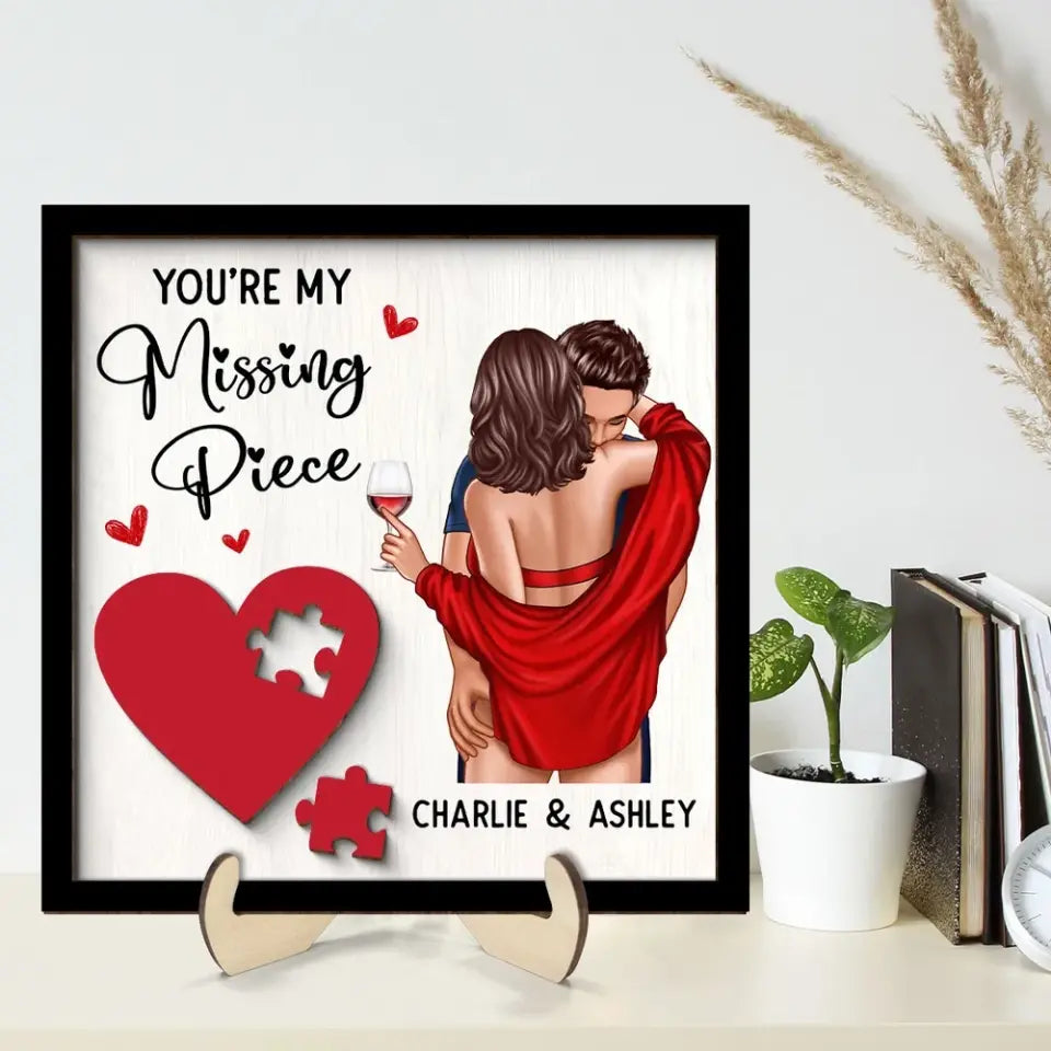 Couple Kissing On Shoulder Missing Piece Red Heart Personalized 2-Layer Wooden Plaque, Valentine‘s Day Gift For Him, For Her