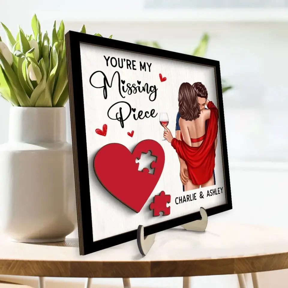 Couple Kissing On Shoulder Missing Piece Red Heart Personalized 2-Layer Wooden Plaque, Valentine‘s Day Gift For Him, For Her