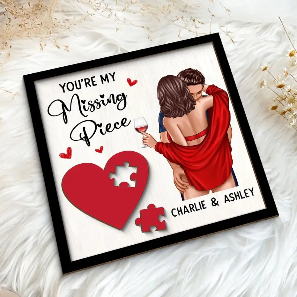 Couple Kissing On Shoulder Missing Piece Red Heart Personalized 2-Layer Wooden Plaque, Valentine‘s Day Gift For Him, For Her