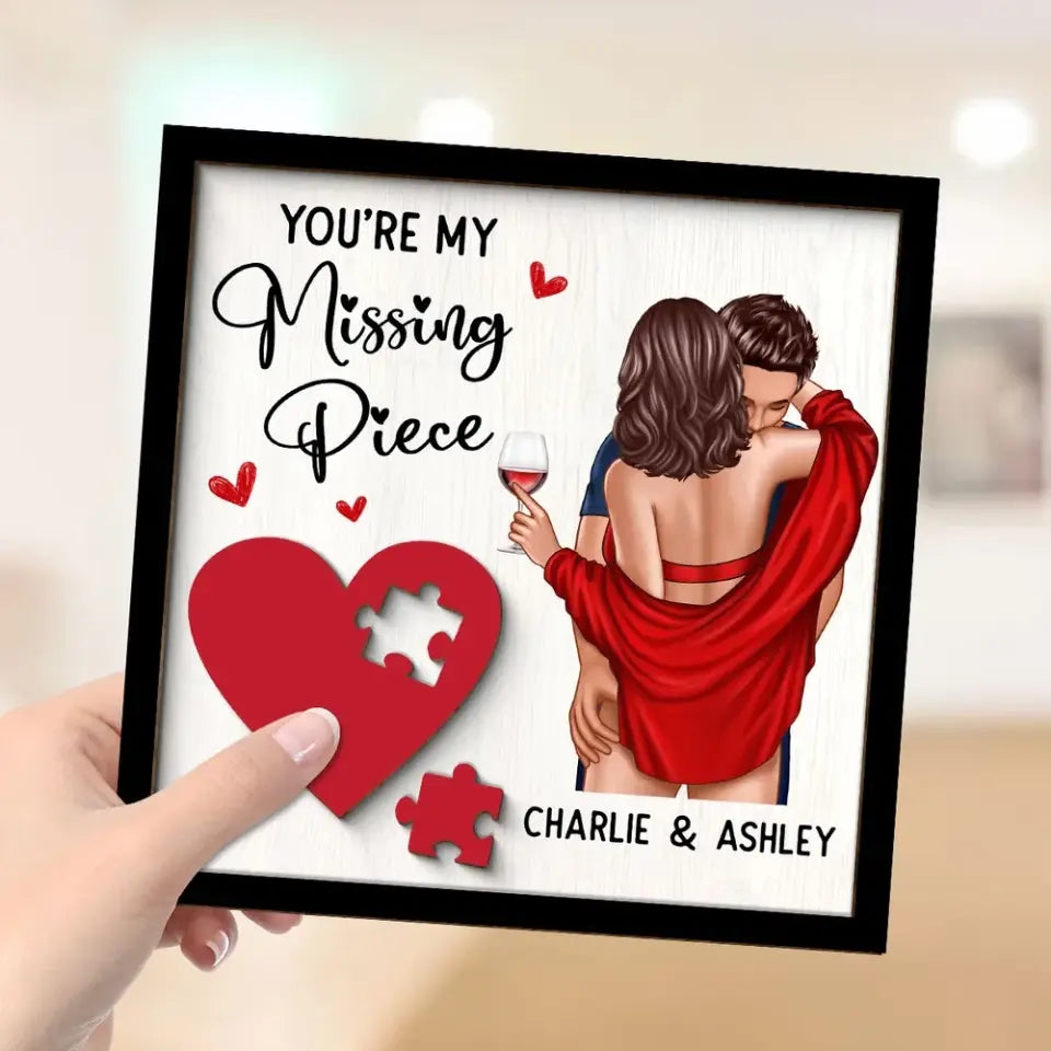 Couple Kissing On Shoulder Missing Piece Red Heart Personalized 2-Layer Wooden Plaque, Valentine‘s Day Gift For Him, For Her