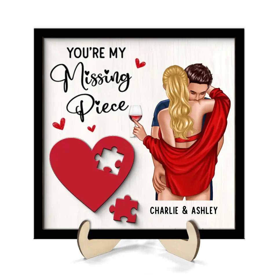 Couple Kissing On Shoulder Missing Piece Red Heart Personalized 2-Layer Wooden Plaque, Valentine‘s Day Gift For Him, For Her