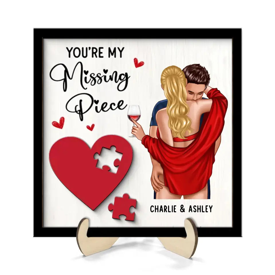 Couple Kissing On Shoulder Missing Piece Red Heart Personalized 2-Layer Wooden Plaque, Valentine‘s Day Gift For Him, For Her