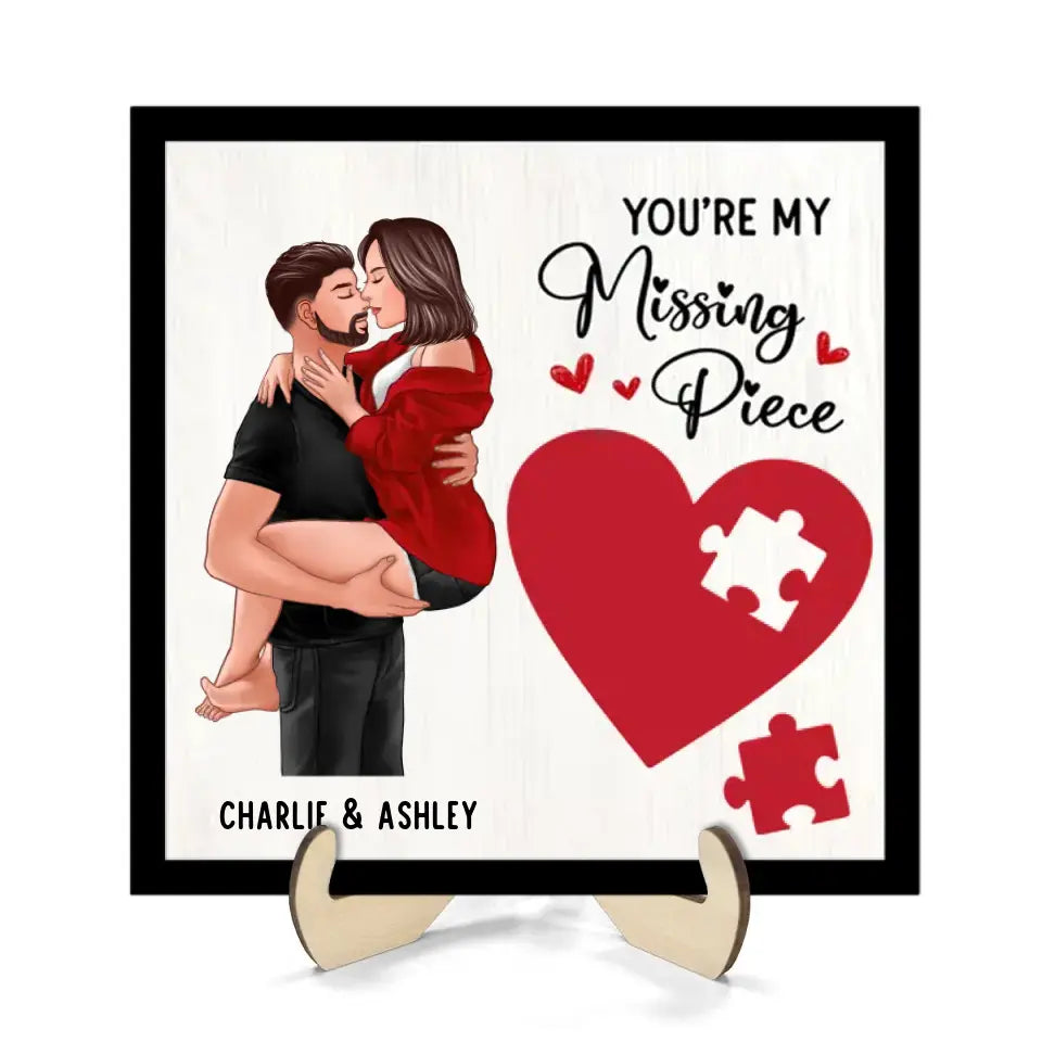 Couple Kissing Passionate Missing Piece Red Heart Valentine‘s Day Gift For Her Gift For Him Personalized 2-Layer Wooden Plaque