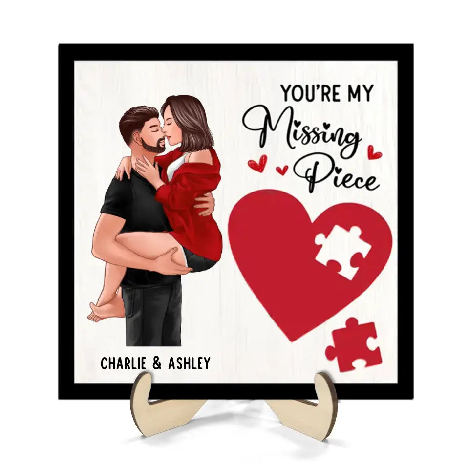 Couple Kissing Passionate Missing Piece Red Heart Valentine‘s Day Gift For Her Gift For Him Personalized 2-Layer Wooden Plaque