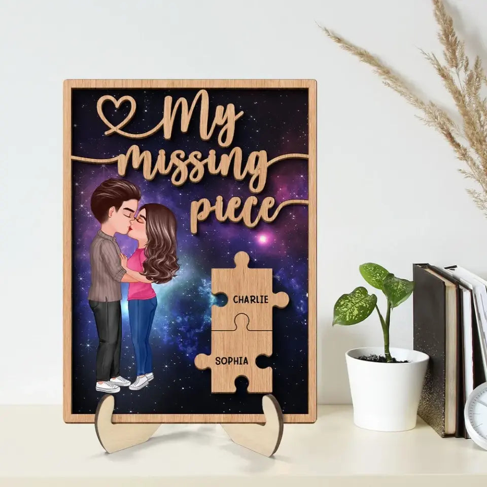 My Missing Piece Couple Kissing Galaxy Valentine‘s Day Gift For Him For Her Personalized 2-Layer Wooden Plaque