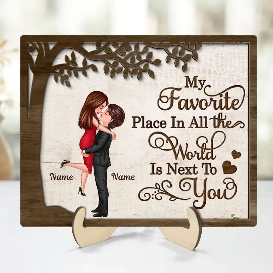 My Favorite Place In All The World Hugging Couple Personalized 2-Layer Wooden Plaque