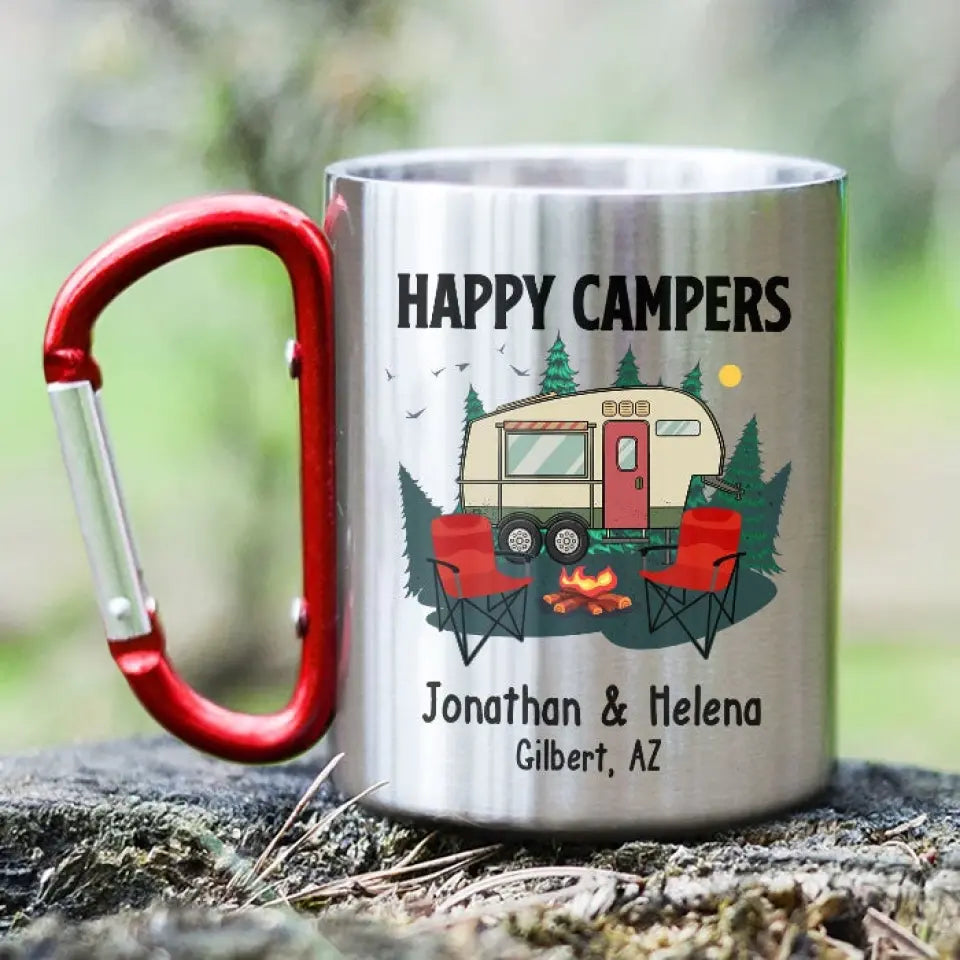 Happy Campers Outdoor Adventure - Personalized Carabiner Camping Mug - Gift For Camping Lovers